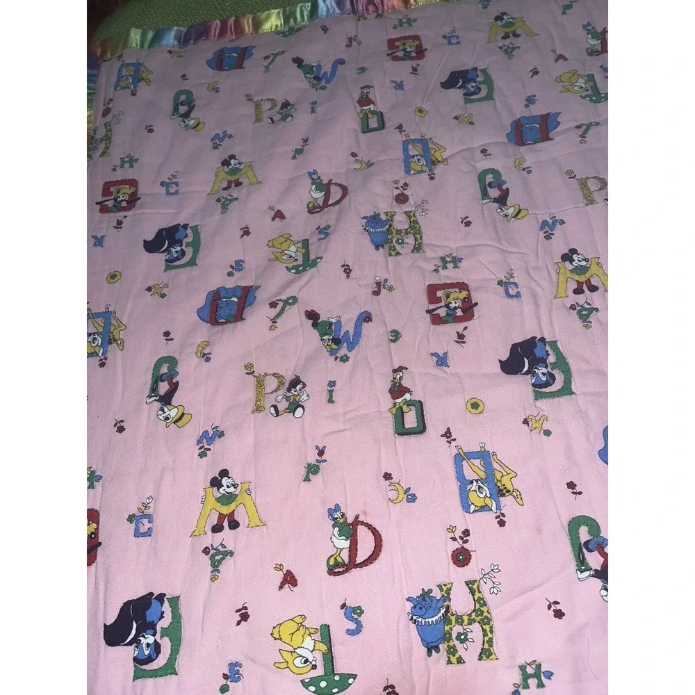 Handmade Baby Quilt , Vtg Disney ABC's Fabric , Pink , Satin Trim , Hand Stitch